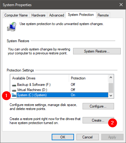 system restore point from System Properties