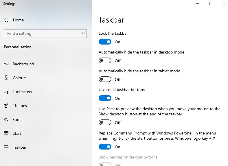 taskbar settings window