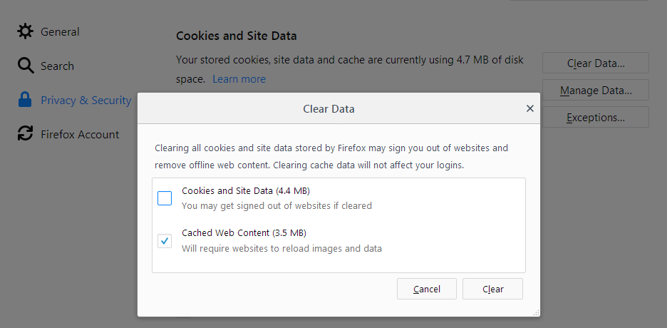 Clear cookies on your Mozilla Firefox