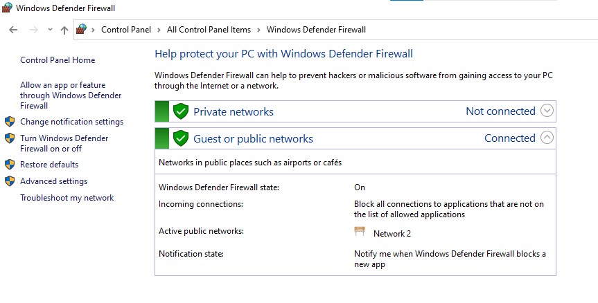 Turn on the Windows Defender Firewall