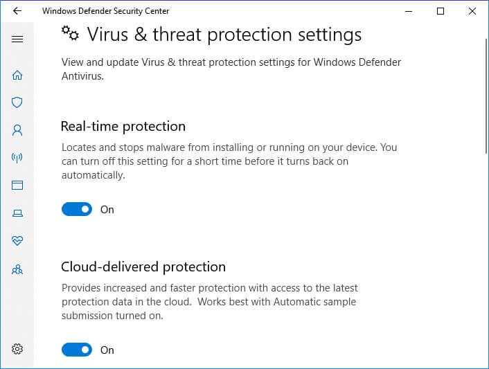 virus and threat protecting settings